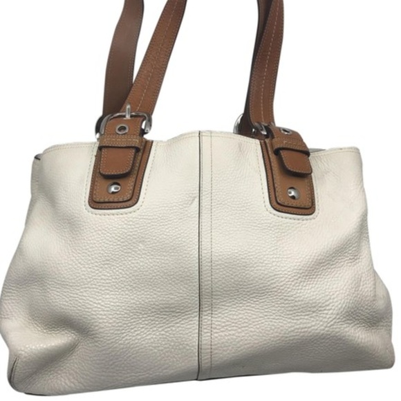 Coach Handbags - COACH L White Brown Grain Leather Tote Bag